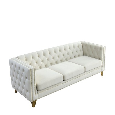 NicBex 80.5 Inch Velvet Buttons Tufted Couch 3-Seat Sofa with Metal Legs for Living Room,Small Space,Apartment,Beige