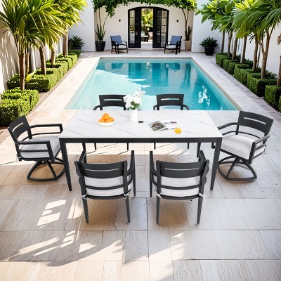 7 Piece Aluminum Patio Dining Set with Rectangular Sintered Stone Table 4 Armchairs and 2 Swivel Rockers with Cushions for Outdoor–Maison Boucle