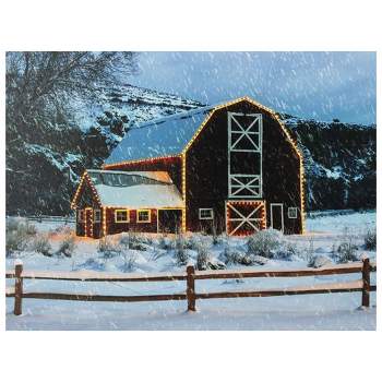 Northlight LED Fiber Optic Snowy Red Barn Christmas Canvas Wall Art 15.75" x 12"