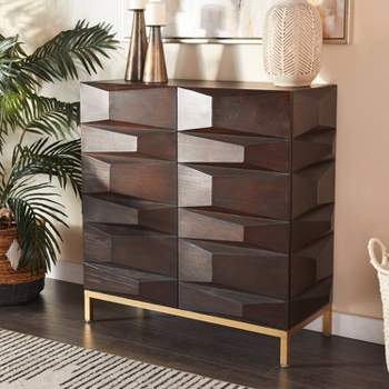 Contemporary Bold Facet Carved Wood Side Cabinet Brown - Olivia & May