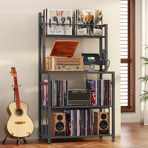 HDZNVF Record Player Stand With Charging Station, Turntable Stand Holds Up To 300 Albums Black - 1 of 4