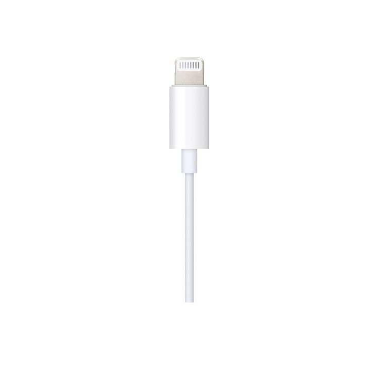 A white colored Lightning connector cable against a white background.