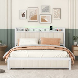 LED Bed Frame Queen,Metal Bed Frame Queen,Queen Size Bed Frame With Headboard And Storage,Bed Frame With Charging Ports-Cuddlewood - 1 of 4