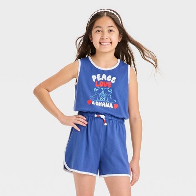 Girls' Stitch 'Peace Love Ohana' Romper - The Disney Collection by Cat & Jack™ White/Navy Blue M