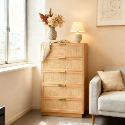 Rattan 5 Drawer Dresser, 46.7in Tall Natural Oak 5 Chest of Drawers with Metal Handles and Wooden Sturdy Base for Bedroom Living Room Nursery