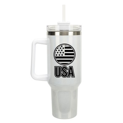 100 North USA American Flag Emblem Wrap-Around 40 Oz. Stainless Steel Water Bottle Coffee Mug, Spill & Leak Resistant, Travel Tumbler with Handle, Lid