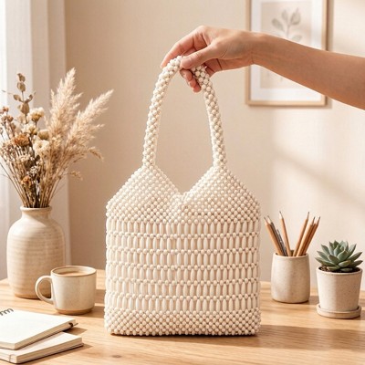 Сумки Alilang Beaded Tote Bag Structured Wooden Bead Handbag Open Weave Large Shoulder Bag Lightweight Carryall Purse - White — фото 3