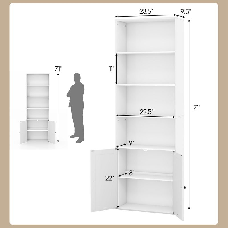 Costway 71'' Farmhouse Bookcase with Doors with 6 Shelves & 2-Door Cabinet for Bedroom White, 3 of 10