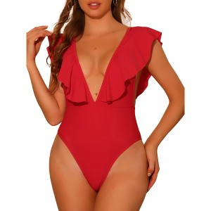Elerevyo Women's V Neck Ruffled Monokini High Cut Tummy Control Swimwear Bathing Suit One Piece - 1 of 4