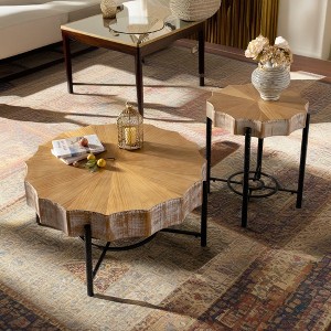 Lovmor 33.86"Modern Retro Splicing Round Coffee Table,Fir Wood Table Top with Gold Cross Legs Base - 1 of 4
