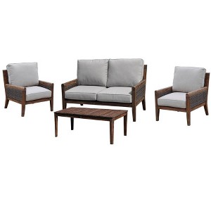 Courtyard Casual Bermuda FSC Teak 4 pc Loveseat Seating Set  Includes:  One Loveseat, One Coffee Table & Two Club Chairs - 1 of 4