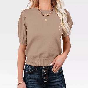 Women's Casual Crew Neck Short Sleeve Sweater Tops for Spring and Summer 2025,Khaki - L - 1 of 4