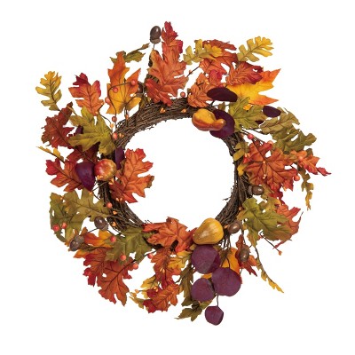 Transpac Natural Fiber 19.69 in. Orange Harvest Assorted Fall Leaves Wreath