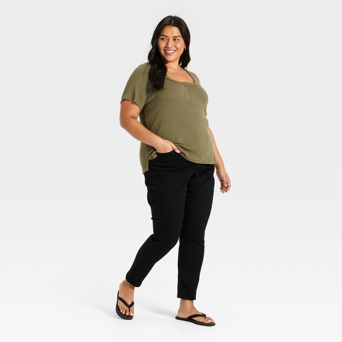 Women's Plus Short Sleeve Scoop Neck Button-Front Henley Top - Ava & Viv™ - thumbnail 8