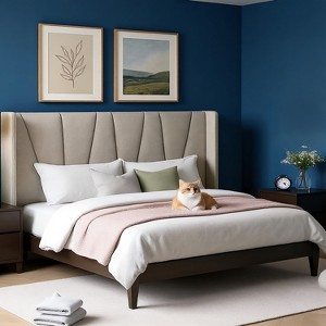Platform Bed Frame with Geometric Wingback Headboard, Modern Upholstered Bed with Wooden Slats Support, No Box Spring Needed, Easy Assembly - 1 of 4