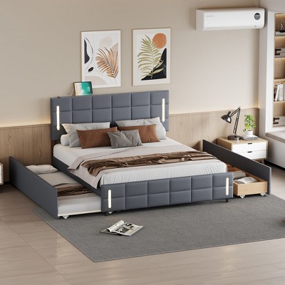 CAVINAS Queen Bed Frame with Headboard, with Trundle and Drawers, Upholstered Platform Bed, Gray