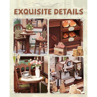 Детские куклы Etokfoks DIY Miniature Coffee Shop Book Nook Kit 233 pcs 3D Wooden Puzzle Mini House Building Kit with LED for Bookshelf Decor — фото 4