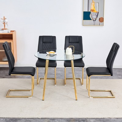 5-Piece Dining Set with Glass Round Table and 4 PU Armless Chairs