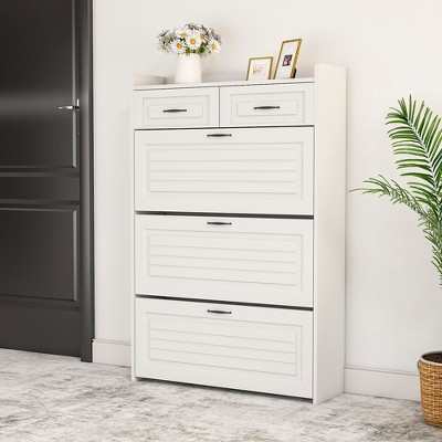 Shoe Cabinet Storage for Entryway, Narrow Shoe Cabinet with Drawer, 4 Tier Wood White Flip Down Shoe Rack, Slim Shoe Storage Cabinet for Hallway