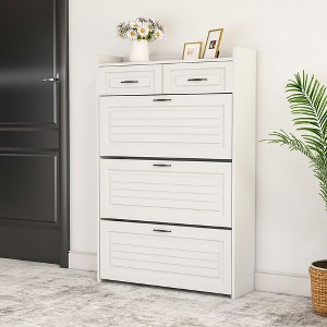 Shoe Cabinet Storage for Entryway, Narrow Shoe Cabinet with Drawer, 4 Tier Wood White Flip Down Shoe Rack, Slim Shoe Storage Cabinet for Hallway - 1 of 4