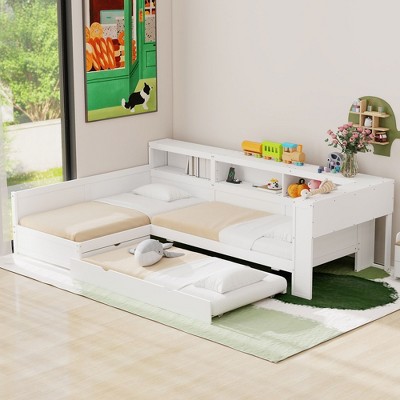 Merax Modern Twin Size L-Shaped Platform Bed with Trundle, Drawer & Built-in Storage Shelves