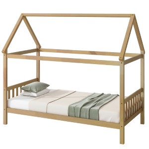 Fontoi Beds, Twin Size Bed, Wood Bed with Headboard and Footboard for Girls and Boys, Brown, 41"*68.1"*79.1" - 1 of 4