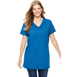 Woman Within Plus Size Perfect Short-Sleeve Shirred V-Neck Tunic - 1 of 4
