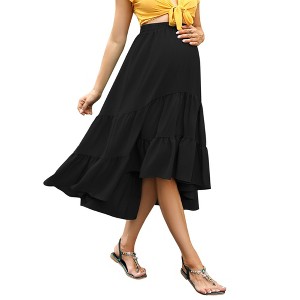 BLUEMING Maternity Skirts Floral High Low Hemline Dress Elastic Waist High Rise Tiered Maxi Skirts Flounce Long Skirts - 1 of 4