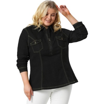 Agnes Orinda Women's Plus Size Zip up Washed Denim Jacket with Pocket