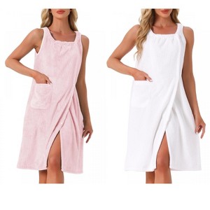 INSPIRE CHIC Women's 2 Pcs Shower Wrap Wearable Button Bath Towel Robe Sleeveless Snap Dress with Pockets - 1 of 4