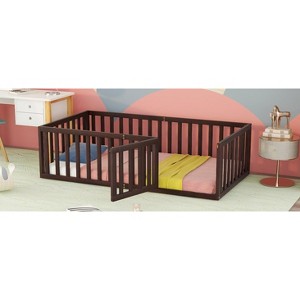 CAVINAS Twin Size Wood Montessori Bed,Modern Floor Bed Frame with Safety Fence and Door,Toddler Bed for Bedroom - 1 of 4