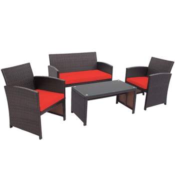 Tangkula 4PCS Outdoor Patio Furniture Sets Weather-Resistant Rattan Sofas w/ Soft Cushion Red