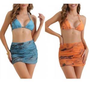 INSPIRE CHIC Women's Tie Dye Halter Tie Back Triangle Bottom Cover Up Skirt Swimwear Bikini 2 Sets - 1 of 4