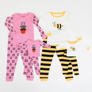 Leveret Girls Cotton Pajamas with Matching Doll Outfit – 2 Pack – Bee & Flower - 1 of 4