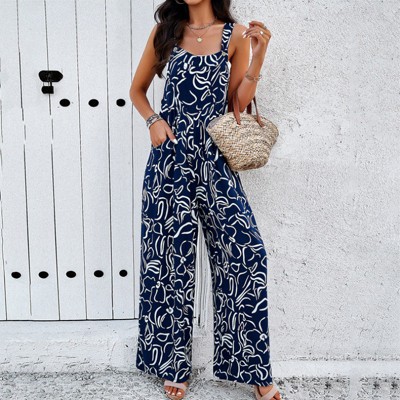 Women's Square Neck Overalls Printed Jumpsuit Loose Fit Wide Leg Jumpsuit With Pockets