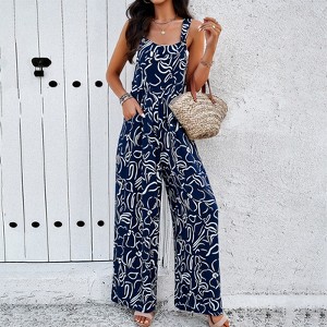 Women's Square Neck Overalls Printed Jumpsuit Loose Fit Wide Leg Jumpsuit With Pockets - 1 of 4