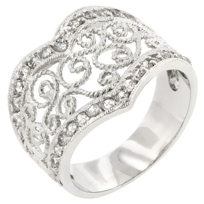 Slickblue Filigree Heart Ring for Women- Rhodium Plating with Clear Round Cut Cubic Zirconia, Size 5-10