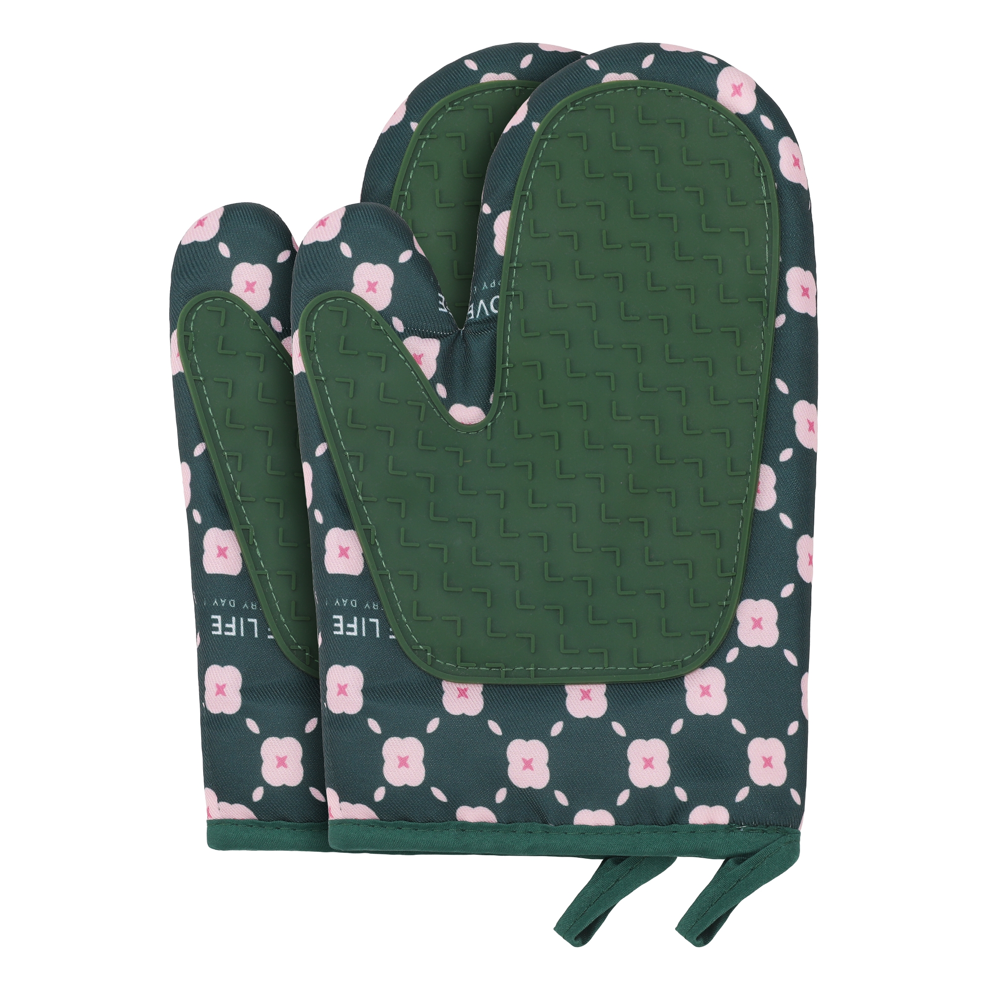 REGALWOVEN Soft Floral Oven Mitts, Heat-Resistant Cooking Gloves, Thick Cotton Lining, Gripping for Baking, Kitchen Mitts Set of 2 with silicone Green