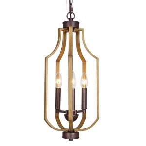 LNC Martin 3-Light 9" Farmhouse Lantern Mini Chandelier, Rustic Bronze and Antique Brown Wood Tone - 1 of 4