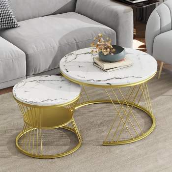 Set of 2 Nesting Coffee Table with Marble Grain Table Top, Golden Iron Frame Round Coffee Table, White 4A - ModernLuxe