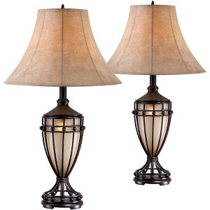 Franklin Iron Works Traditional Table Lamps 33" Tall Set of 2 with Nightlight Brushed Iron Urn Beige Fabric Shade for Living Room Bedroom - 1 of 4