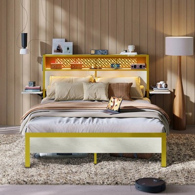 Bed Frame Metal Platform Bed with LED Storage Headboard Charge Station
