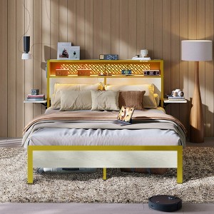 Bed Frame Metal Platform Bed with LED Storage Headboard Charge Station - 1 of 4