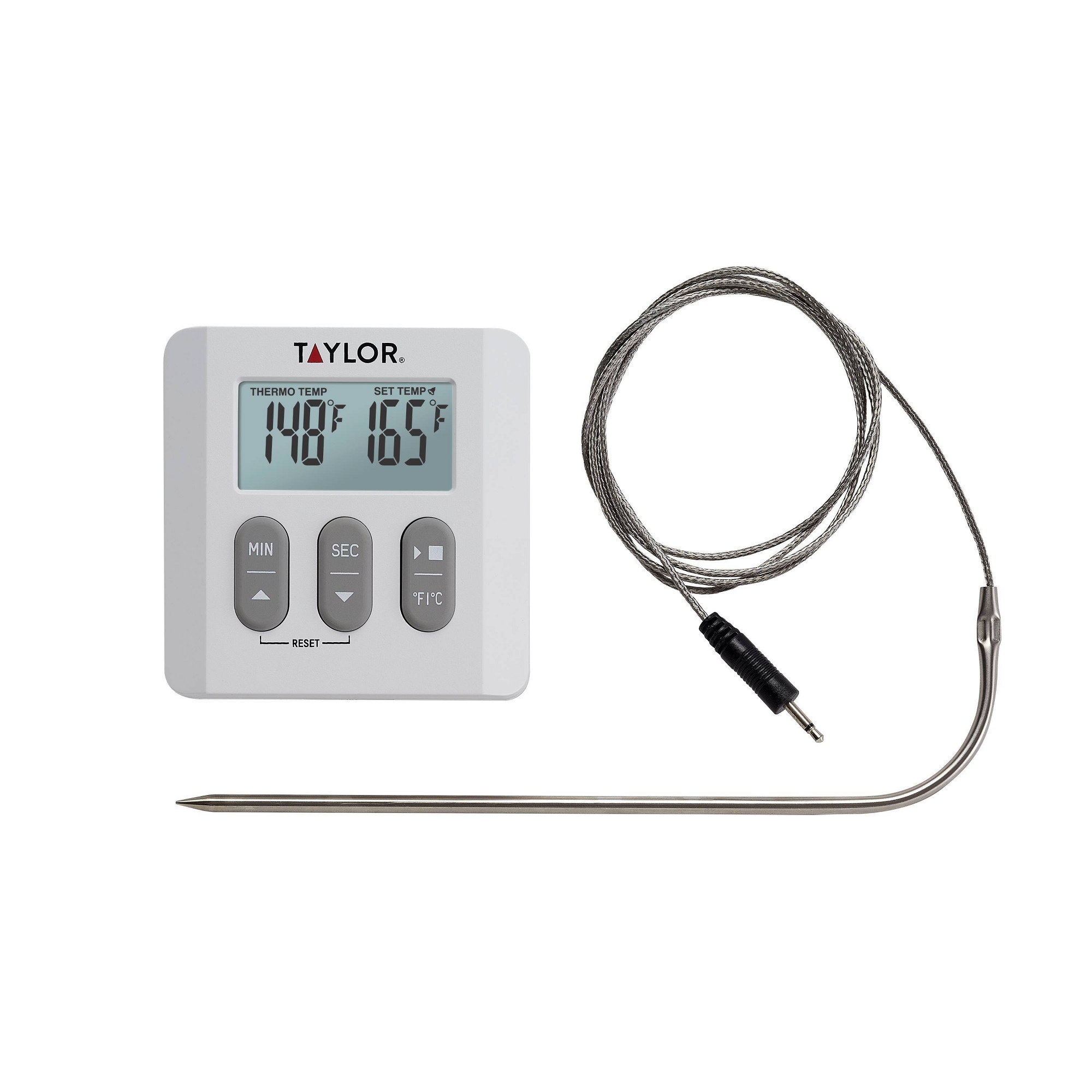 Taylor Programmable Digital Probe Kitchen Meat Cooking Thermometer with Timer: Stainless Steel, Digital Display, 482°F Max