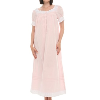 ADR Women's Cotton Nightgown Amelia Short Sleeve Lace Trim Button Up Long Vintage Night Dress Gown
