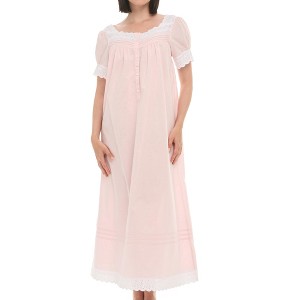 ADR Women's Cotton Nightgown Amelia Short Sleeve Lace Trim Button Up Long Vintage Night Dress Gown - 1 of 4