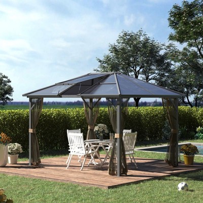 Gray Aluminum Frame Hardtop Gazebo with Polycarbonate Roof and Netting