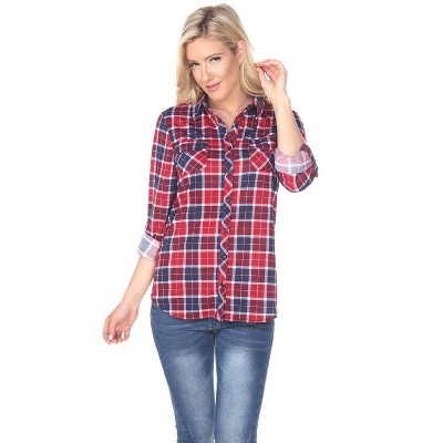 Women's Oakley Stretchy Plaid Tunic Top With Pockets Burgundy/blue ...