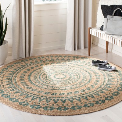 Aqua and Natural Handwoven Jute Round Area Rug, 3'