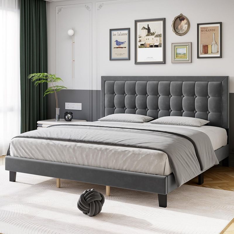 Modern Upholstered Platform Bed with Button Tufted Headboard, 3 of 7